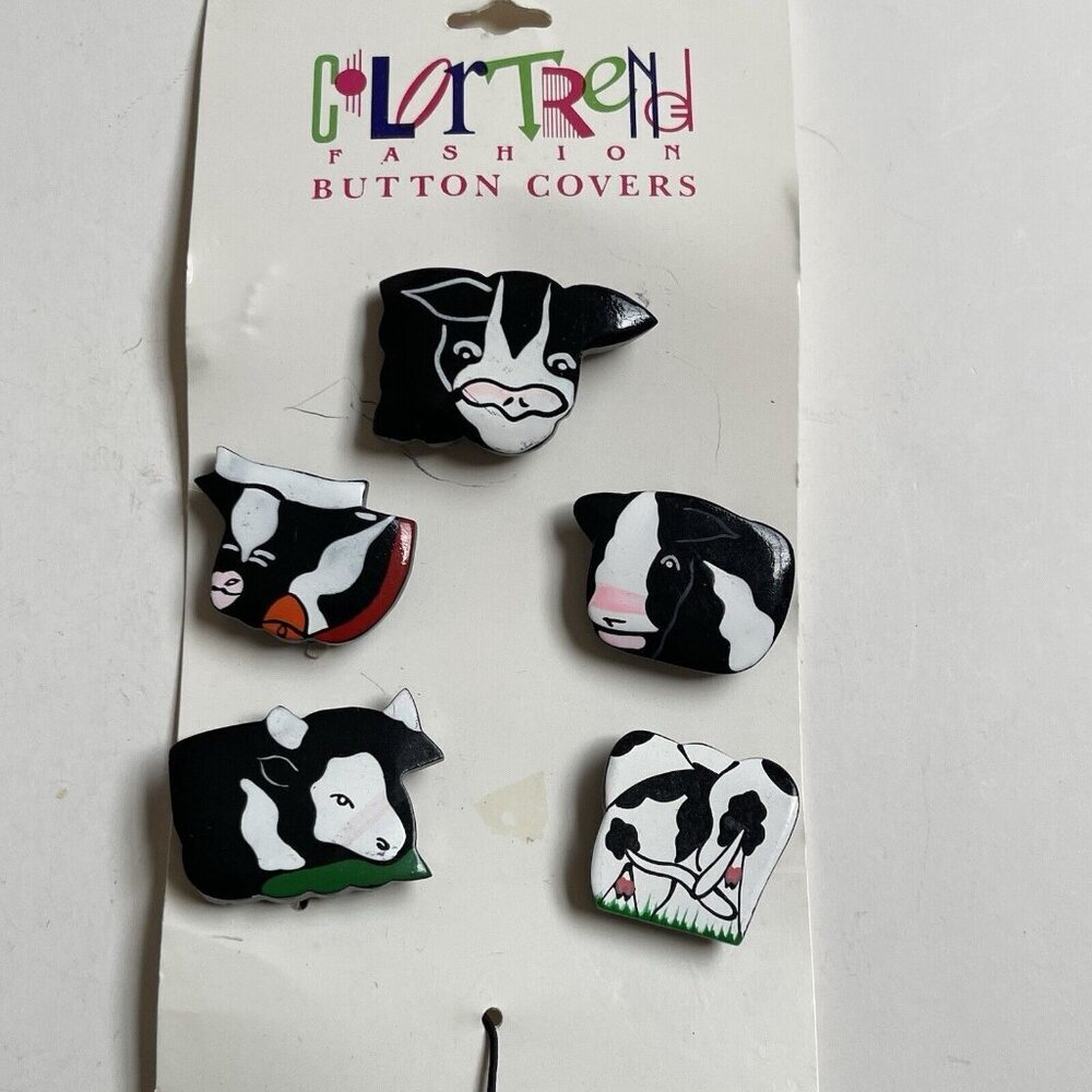 Set of 5 Cow Button Covers Black White Pink‎ Wood NEW Funny